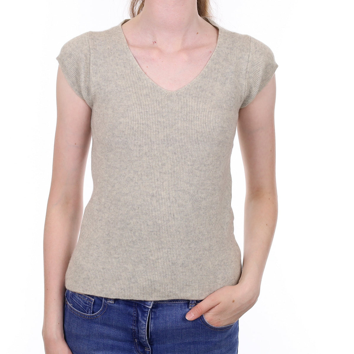 Mist Grey Ribbed Cashmere Short Sleeved V Neck Jumper Extra Small