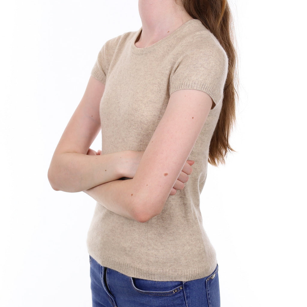 Oatmeal Cashmere Short Sleeved Crew Neck Jumper Extra Small