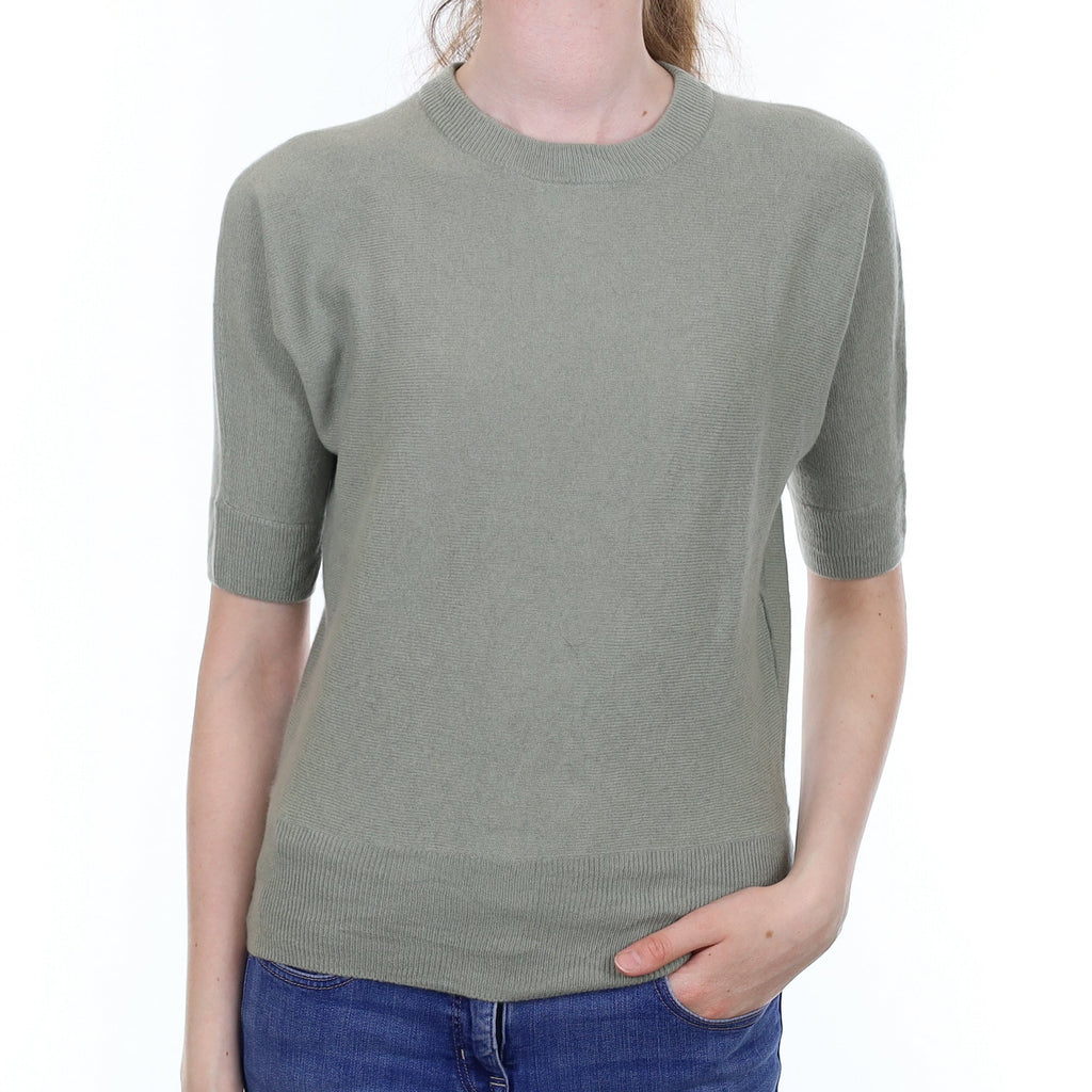 Sage Green Cashmere Short Sleeved Crew Neck Jumper Extra Small
