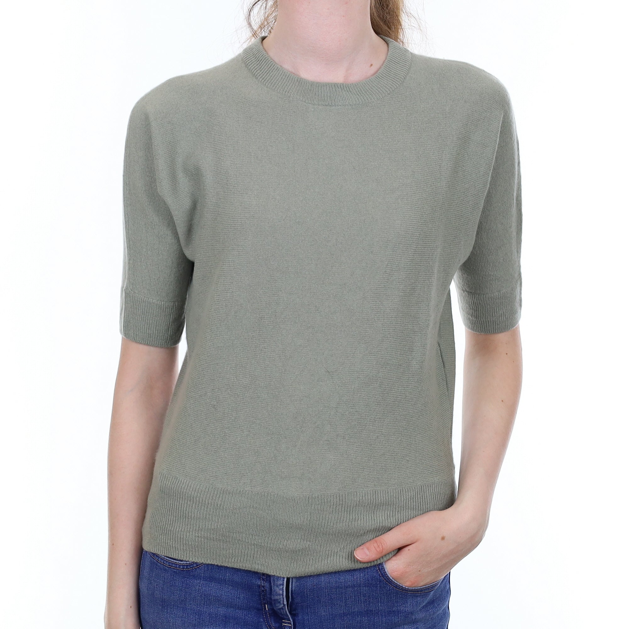 Sage Green Cashmere Short Sleeved Crew Neck Jumper Extra Small