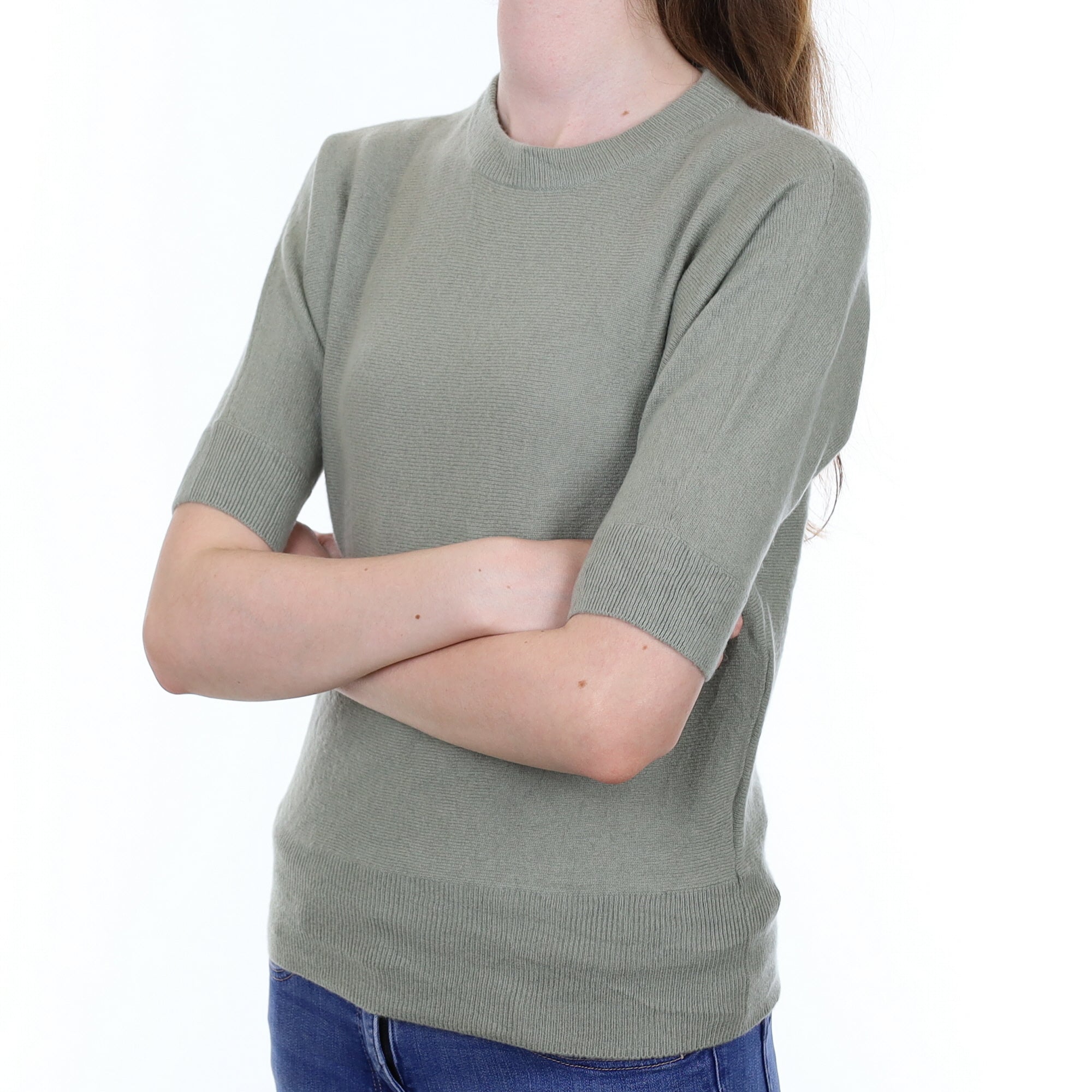 Sage Green Cashmere Short Sleeved Crew Neck Jumper Extra Small