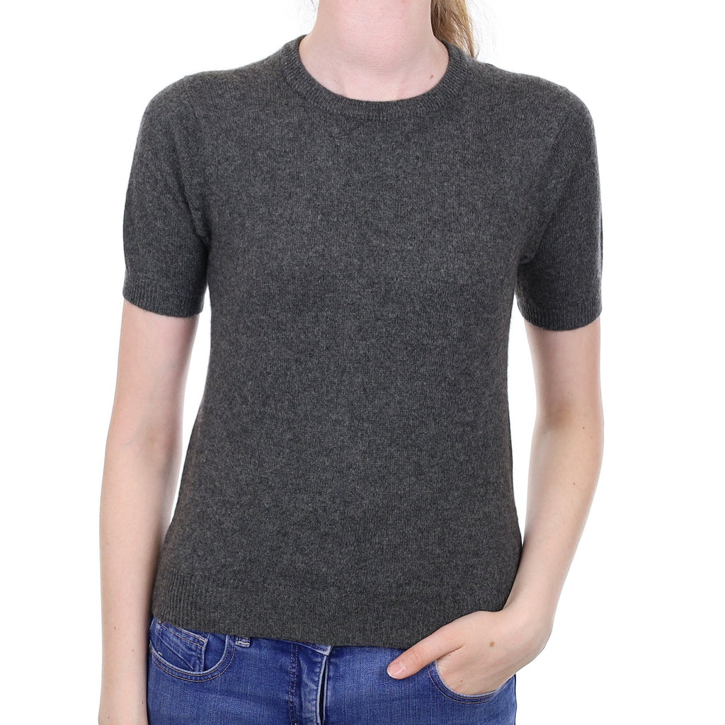 Slate Grey Cashmere Short Sleeved Crew Neck Jumper Extra Small