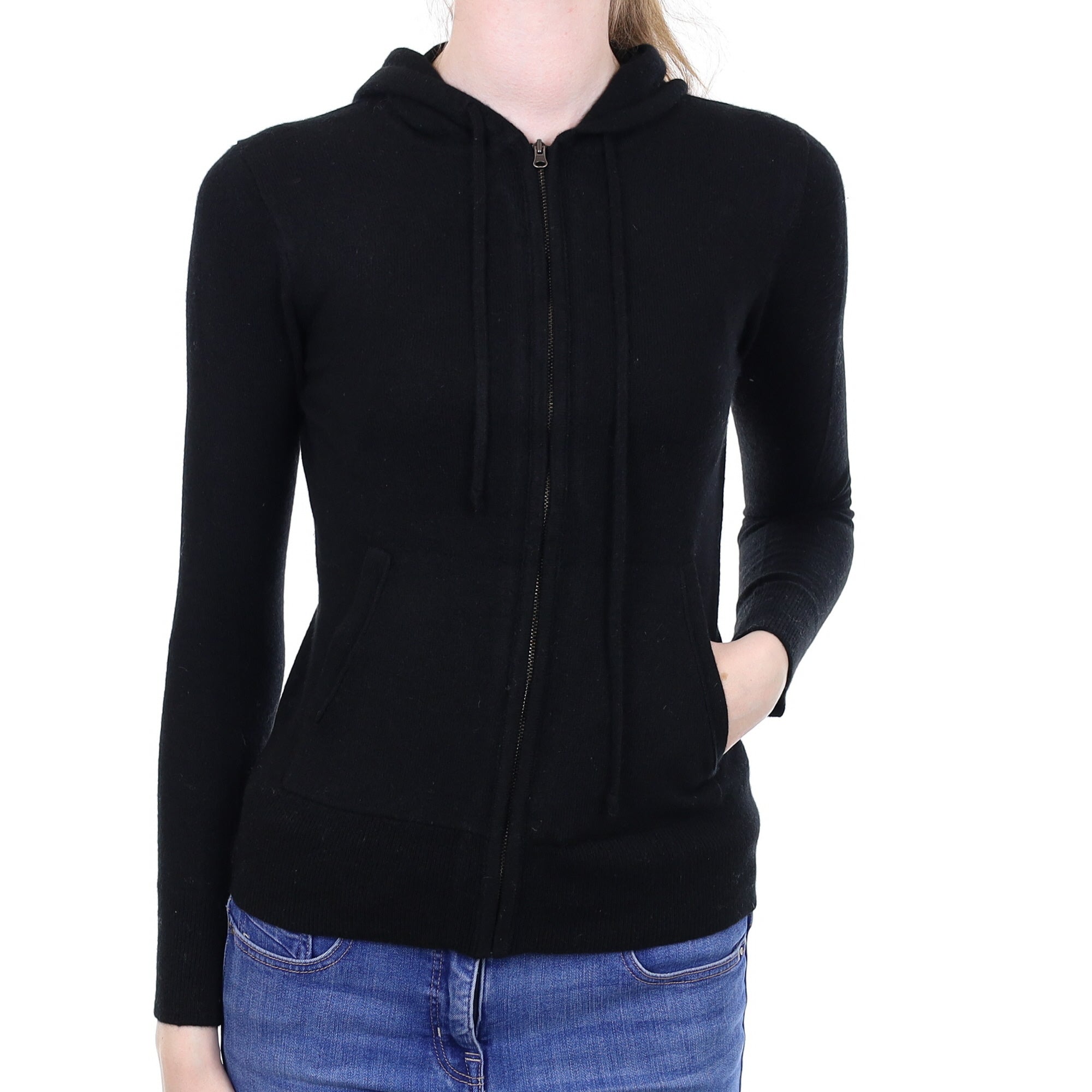 Black Cashmere Zip Up Hoodie with Pockets  Extra Small