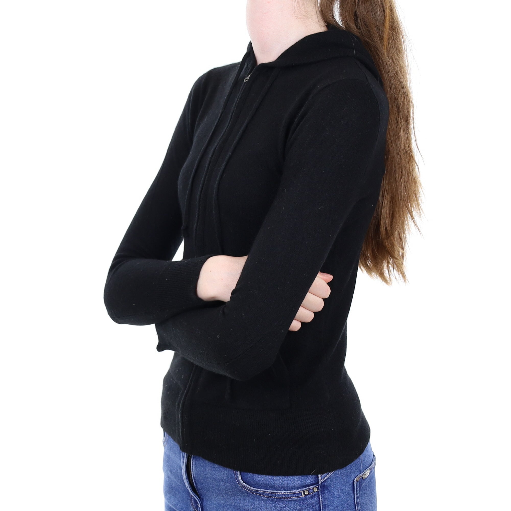 Black Cashmere Zip Up Hoodie with Pockets  Extra Small