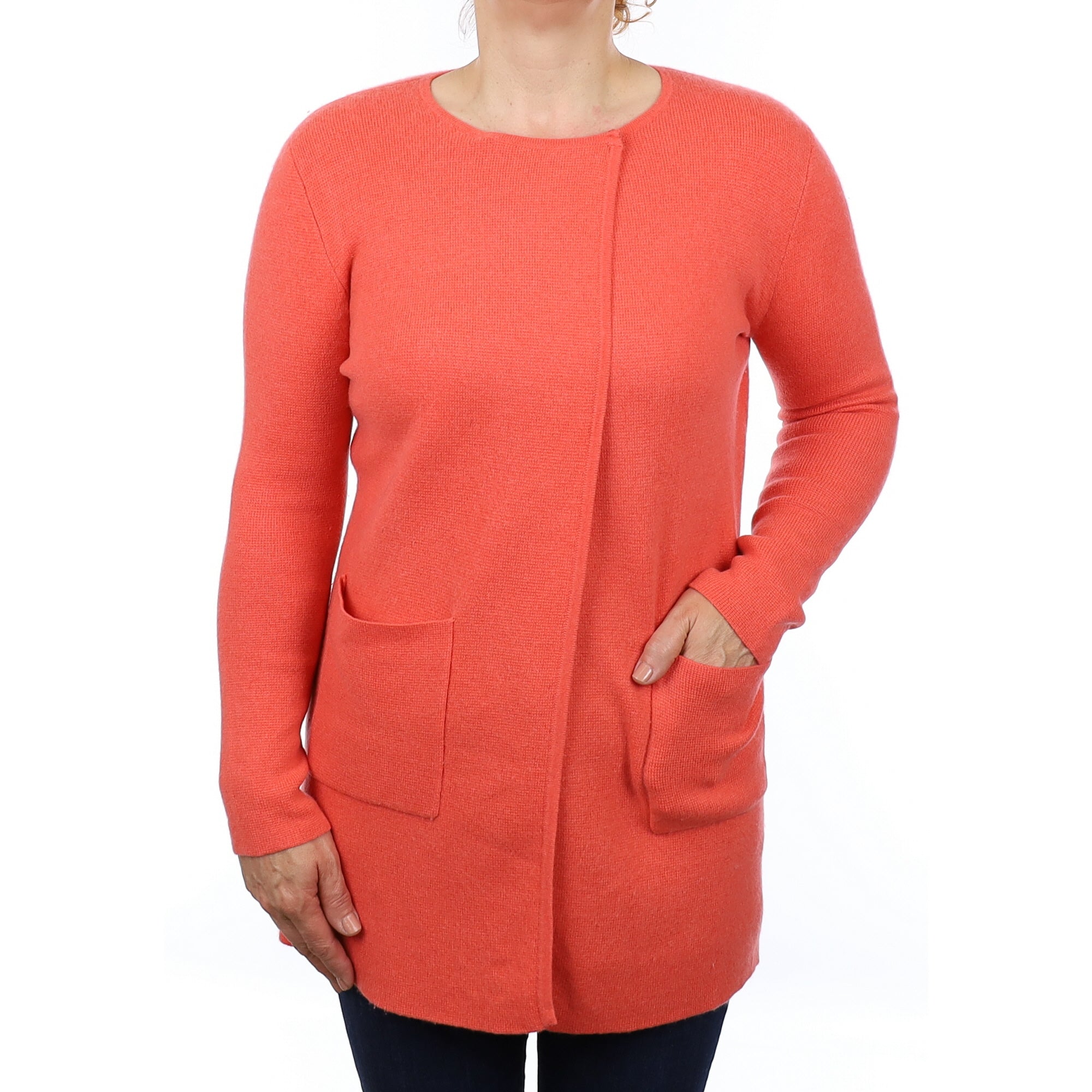 Coral Orange Heavy Knit Cashmere Longline Cardigan with Pockets Medium