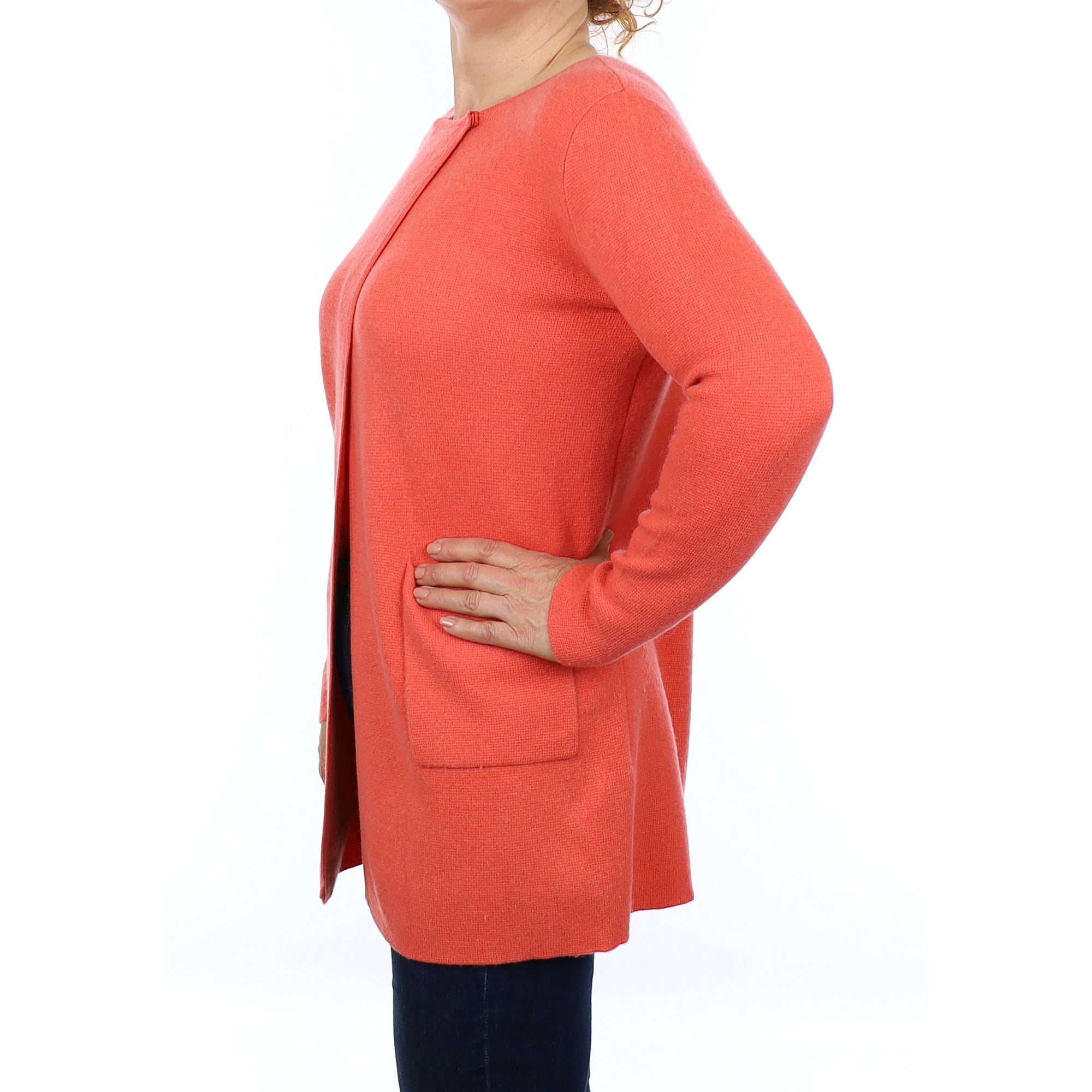 Coral Orange Heavy Knit Cashmere Longline Cardigan with Pockets Medium