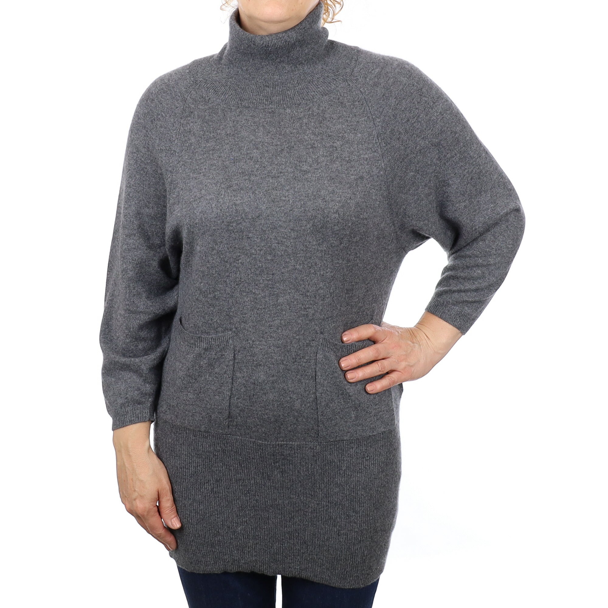 Italian Slate Grey Cashmere Longline Polo Neck Tunic with Pockets Medium