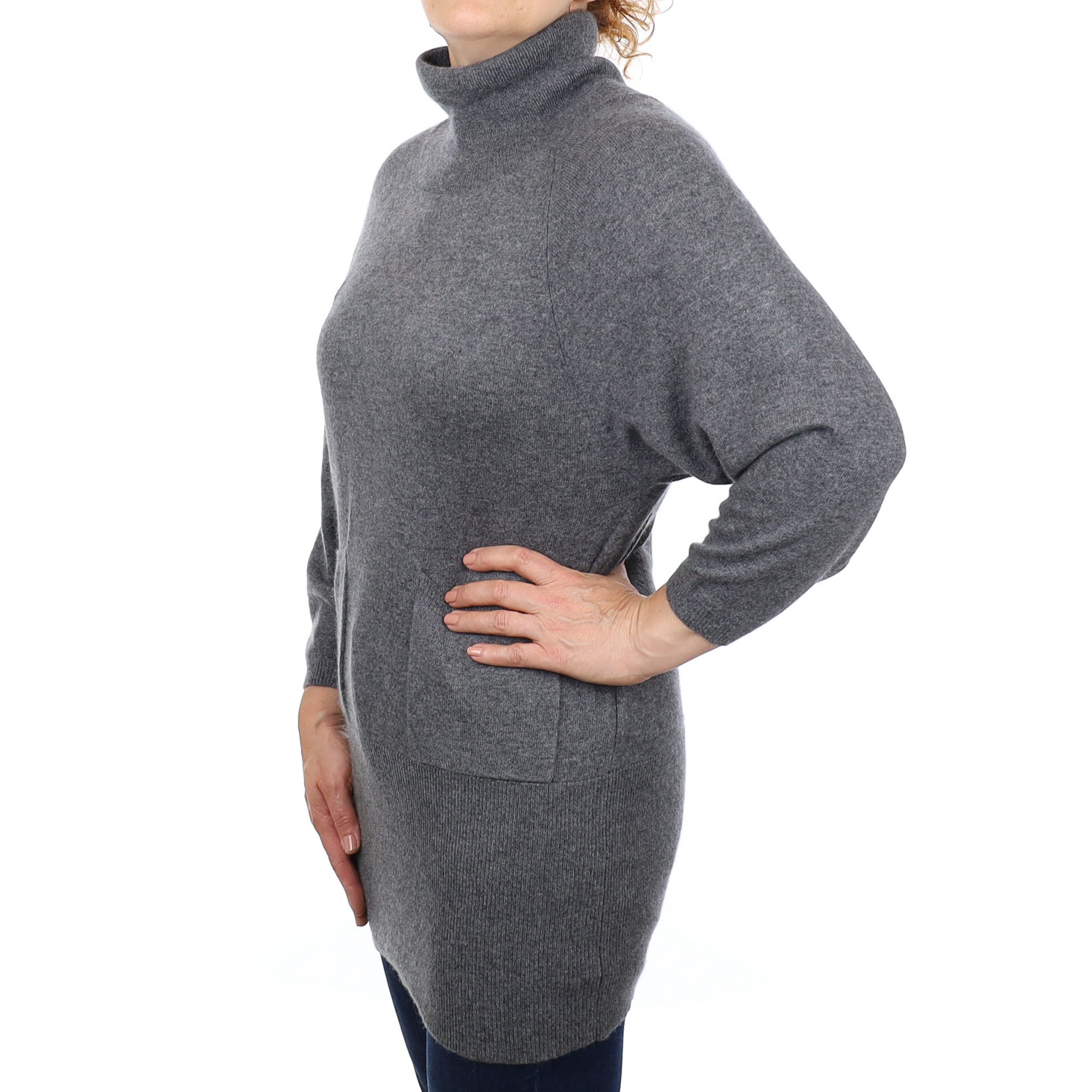Italian Slate Grey Cashmere Longline Polo Neck Tunic with Pockets Medium