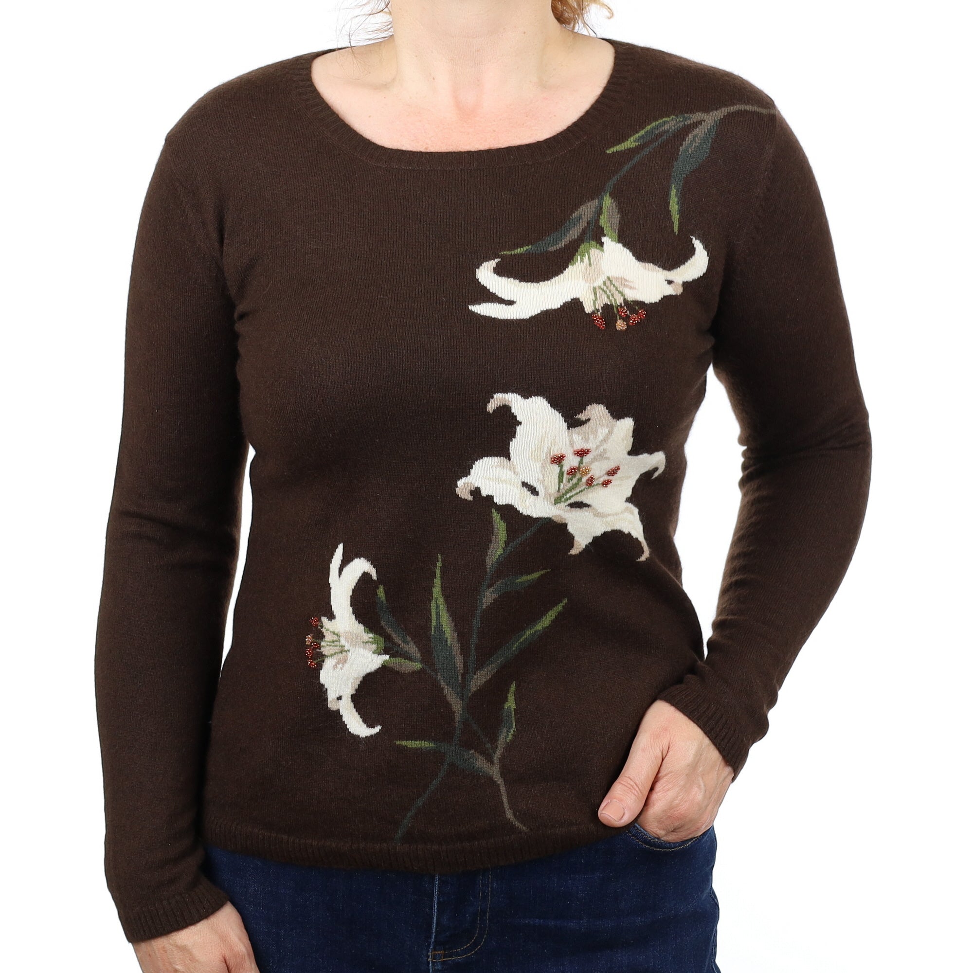 Chocolate Floral Cashmere Crew Neck Jumper Medium