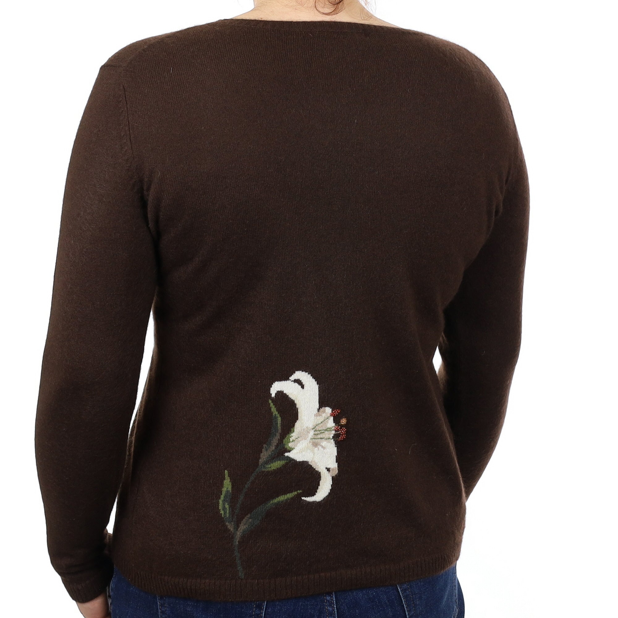 Chocolate Floral Cashmere Crew Neck Jumper Medium