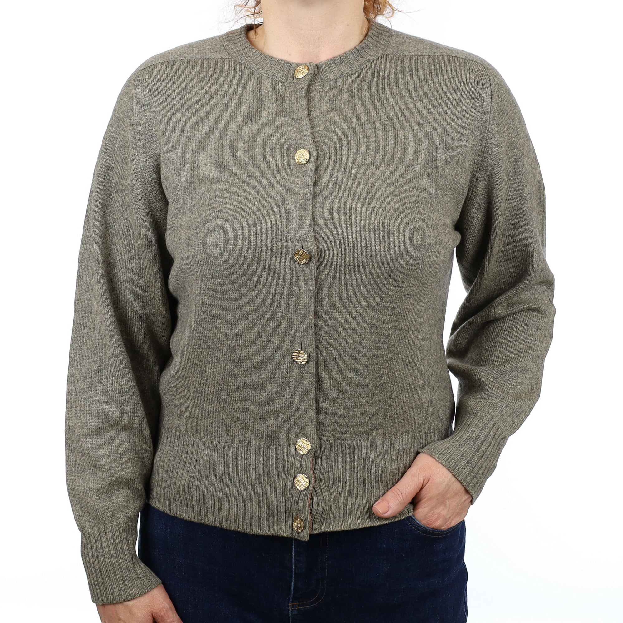 Scottish Khaki Marl Cashmere Crew Neck Cardigan Medium