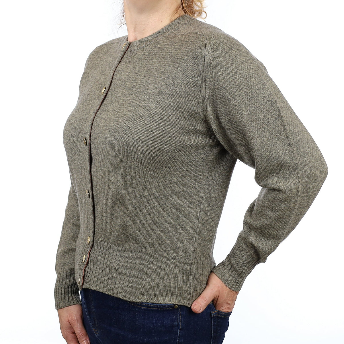 Scottish Khaki Marl Cashmere Crew Neck Cardigan Medium