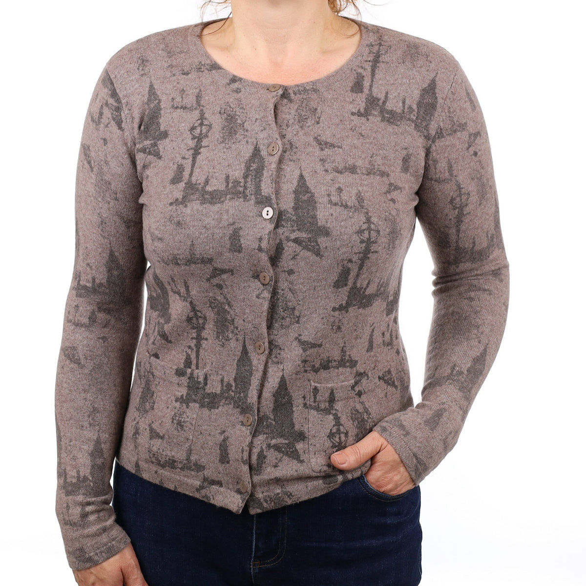 Mocha Patterned Cashmere Crew Neck Cardigan with Pockets Medium