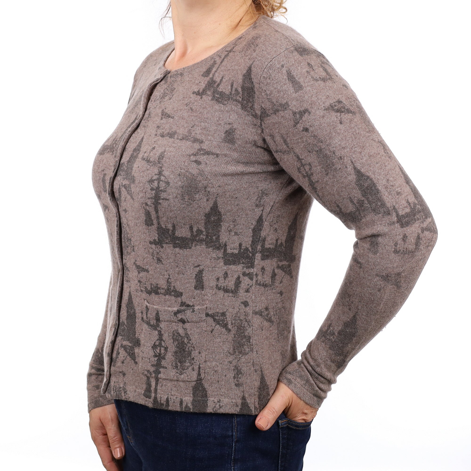 Mocha Patterned Cashmere Crew Neck Cardigan with Pockets Medium