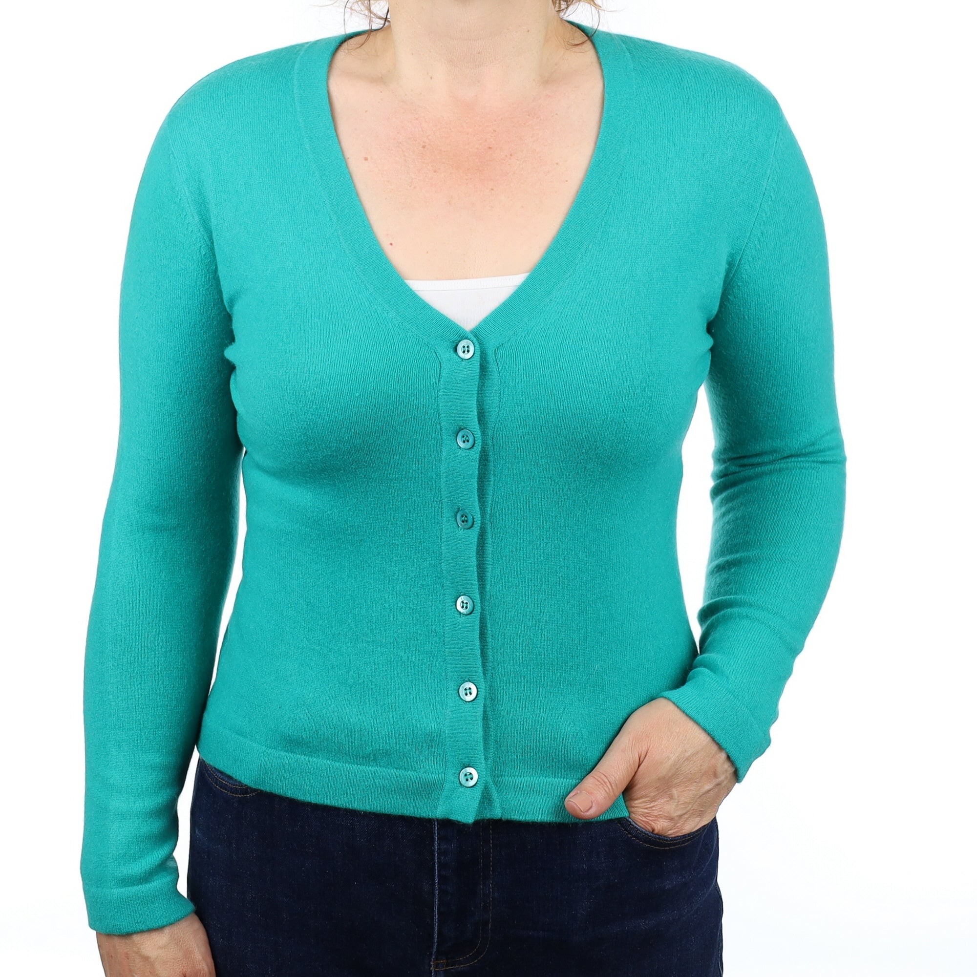 Peacock Green Cashmere V Neck Cardigan Medium