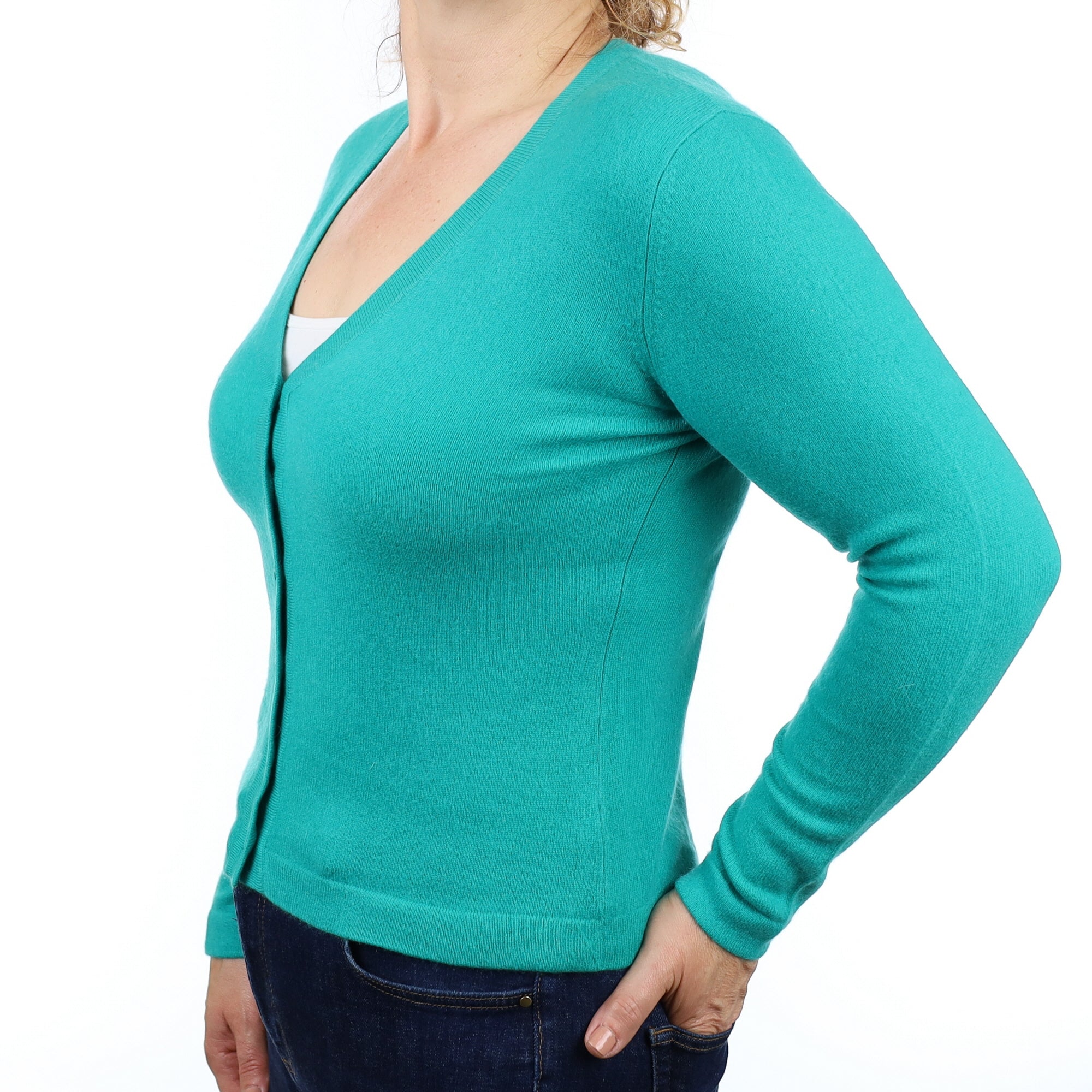 Peacock Green Cashmere V Neck Cardigan Medium