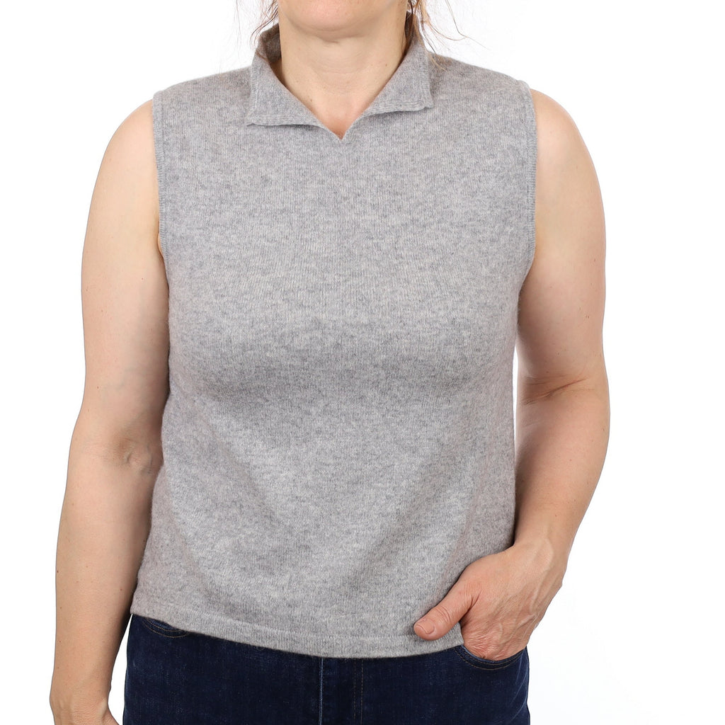 Smoke Grey Cashmere Sleeveless Notch Turtleneck Jumper Medium