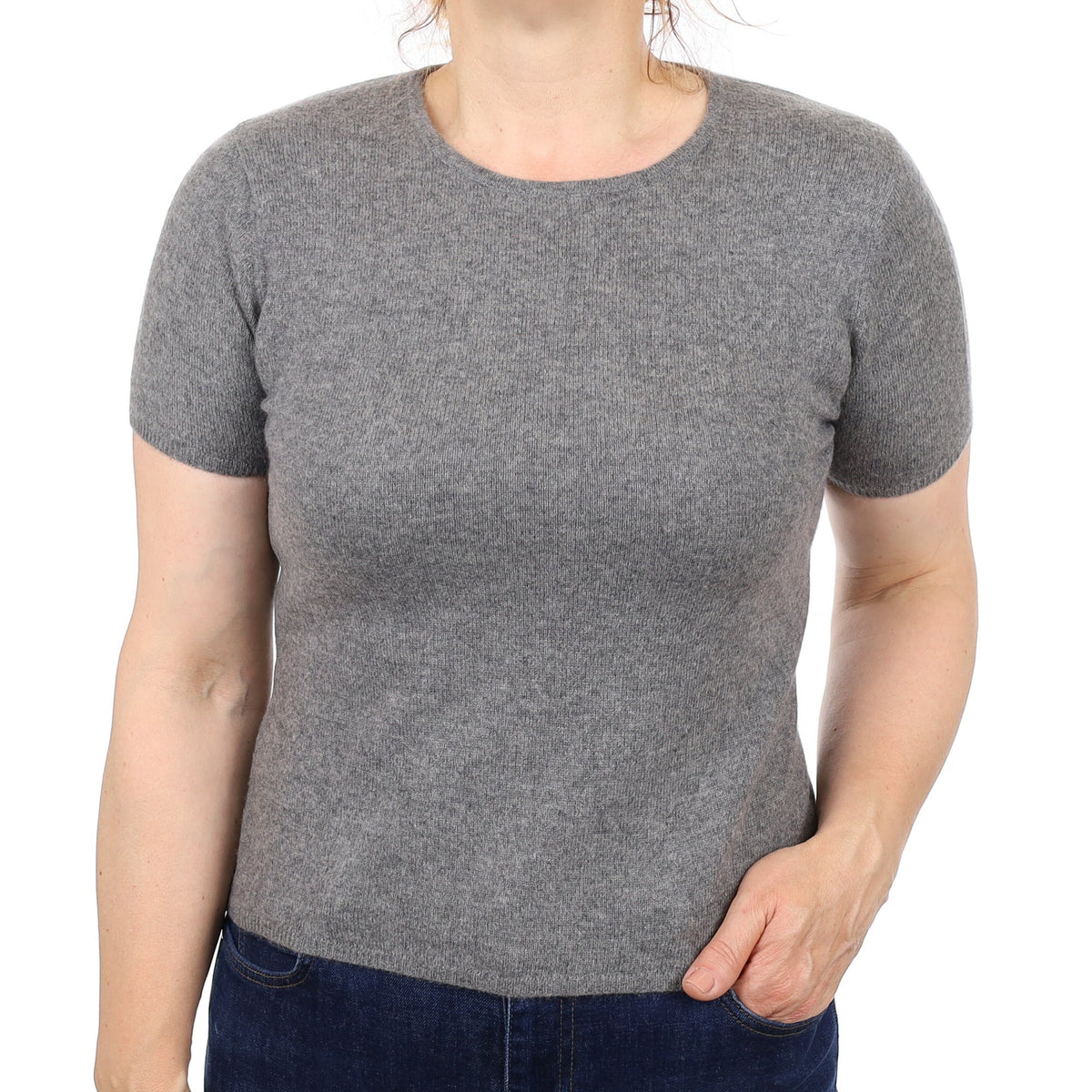 Ash Grey Cashmere Short Sleeve Crew Neck Jumper Medium