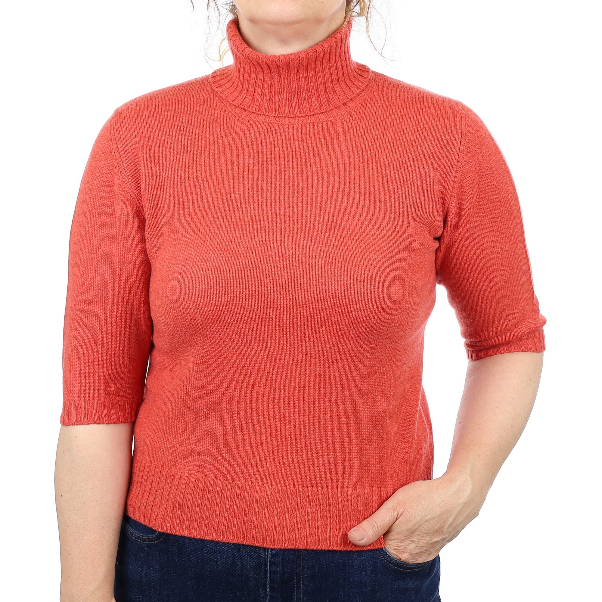 Sunset Orange Cashmere 1/2 Sleeve Polo Neck Jumper Medium