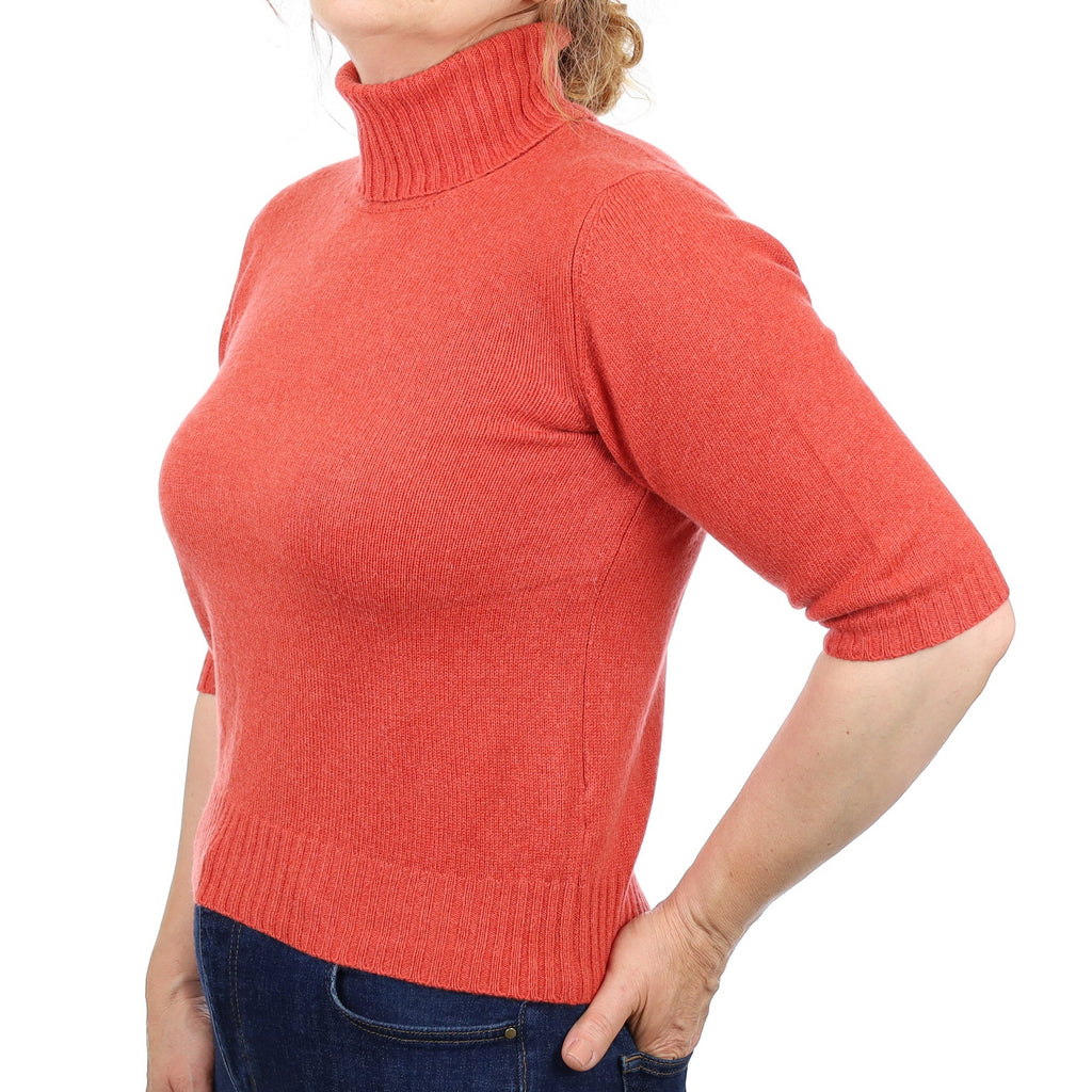 Sunset Orange Cashmere 1/2 Sleeve Polo Neck Jumper Medium