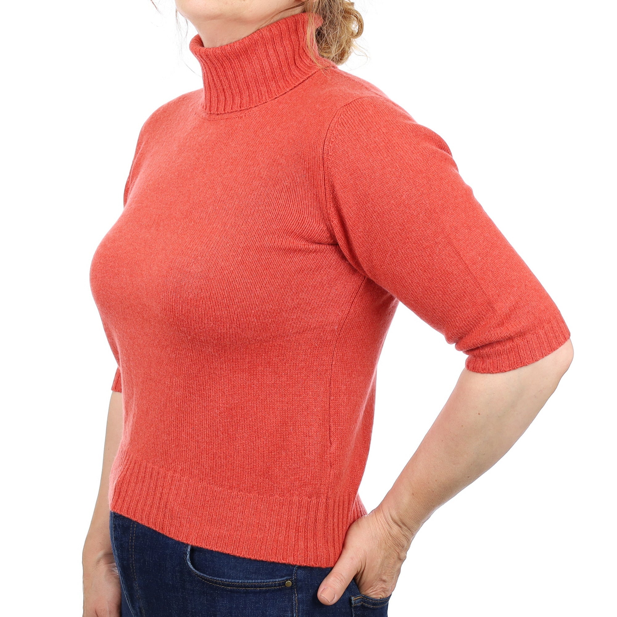 Sunset Orange Cashmere 1/2 Sleeve Polo Neck Jumper Medium