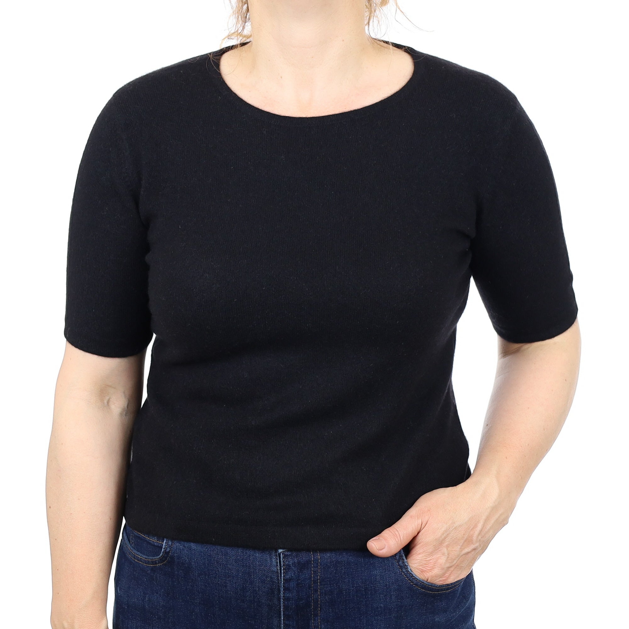Black Cashmere Short Sleeve Crew Neck Jumper Medium