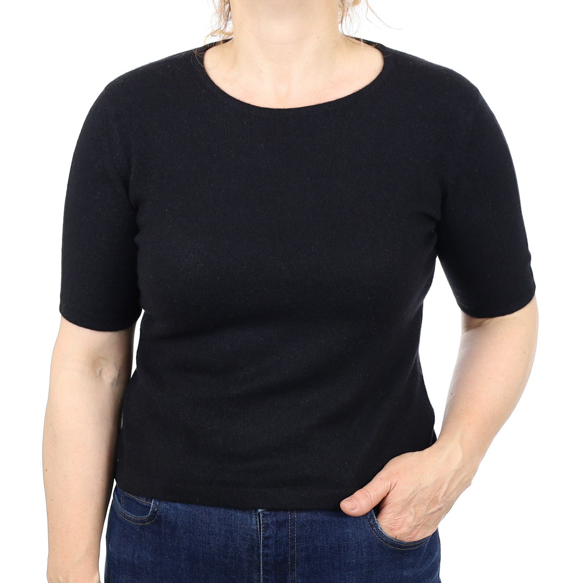 Black Cashmere Short Sleeve Crew Neck Jumper Medium