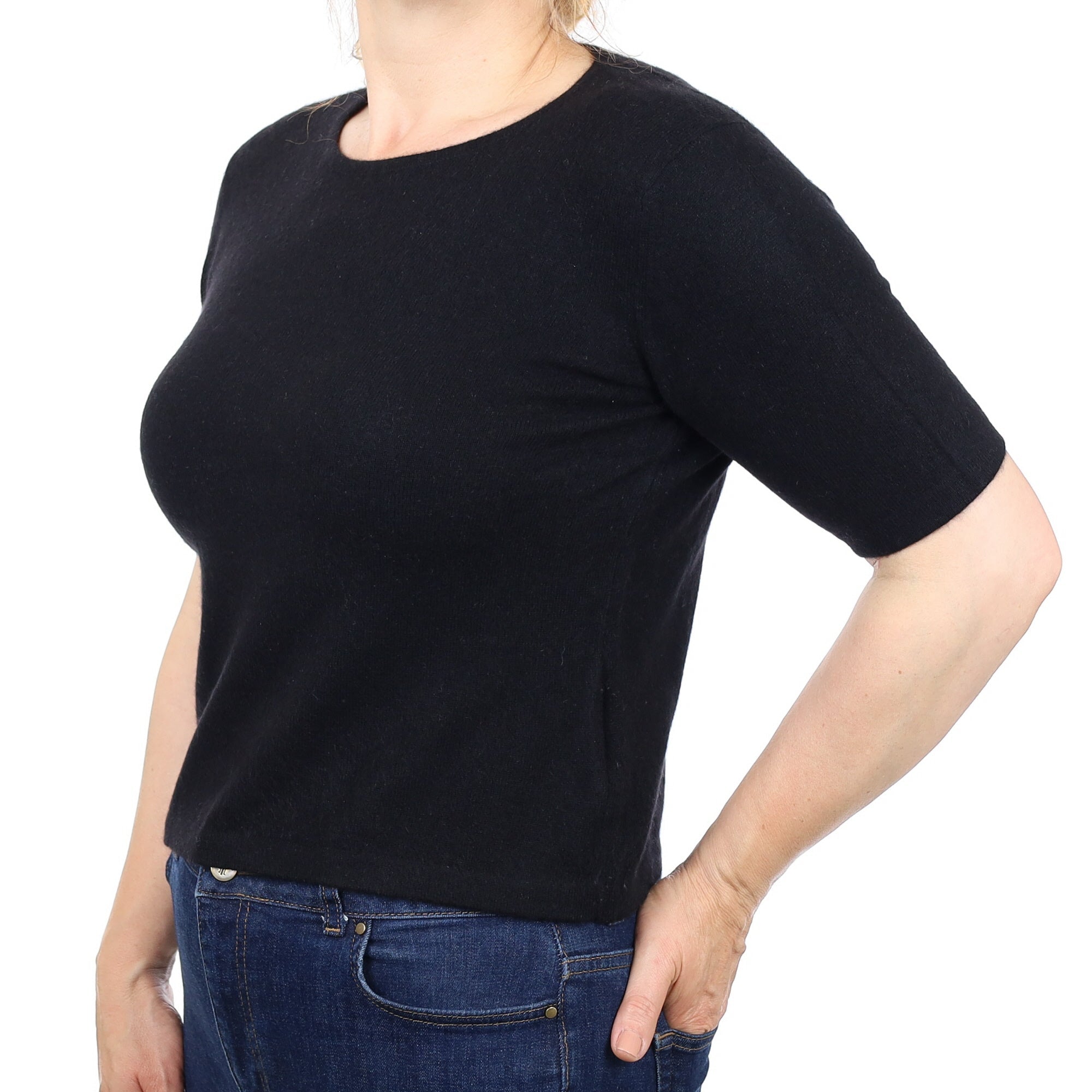 Black Cashmere Short Sleeve Crew Neck Jumper Medium