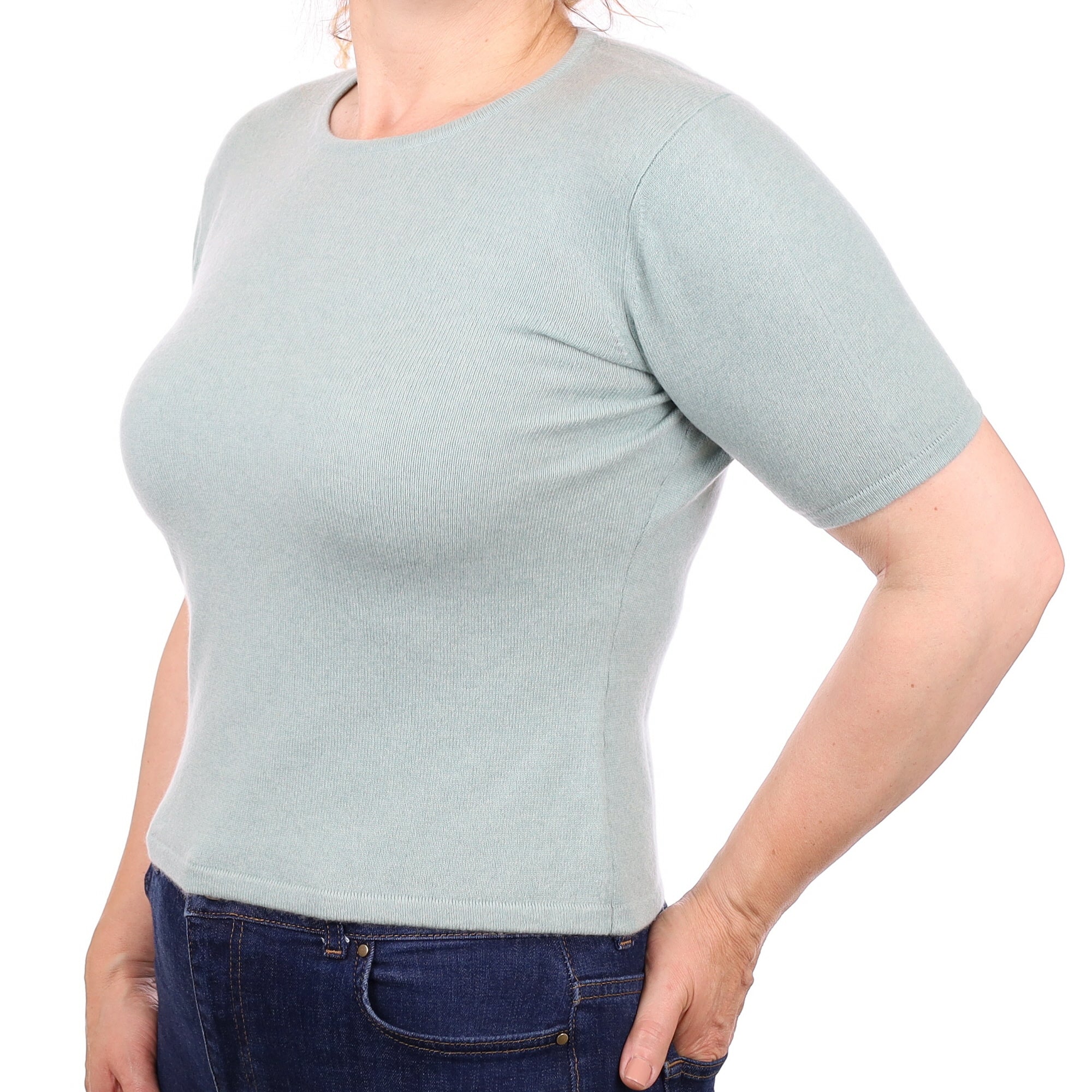 Mint Green Cashmere Short Sleeve Crew Neck Jumper Medium