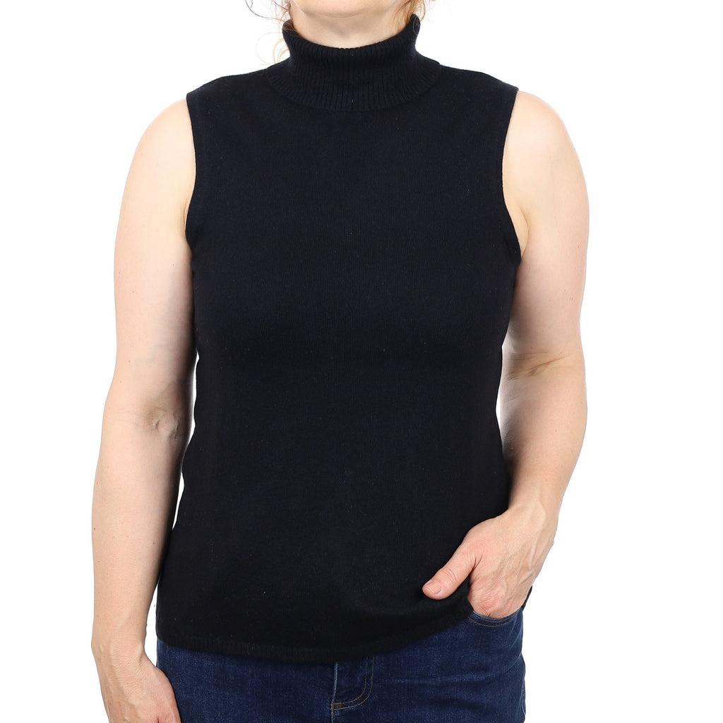 Black Cashmere Sleeveless Polo Neck Jumper Medium