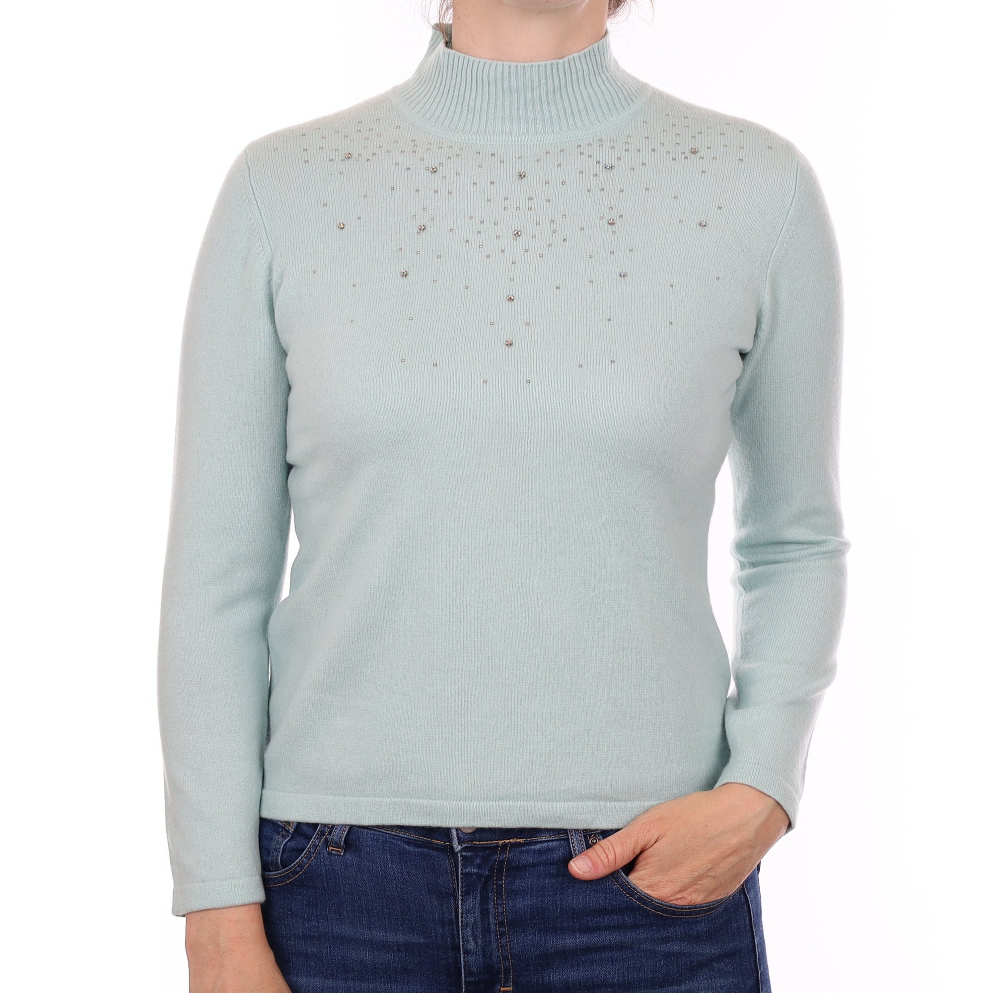 Mint Green Diamante Cashmere Turtleneck Jumper Small