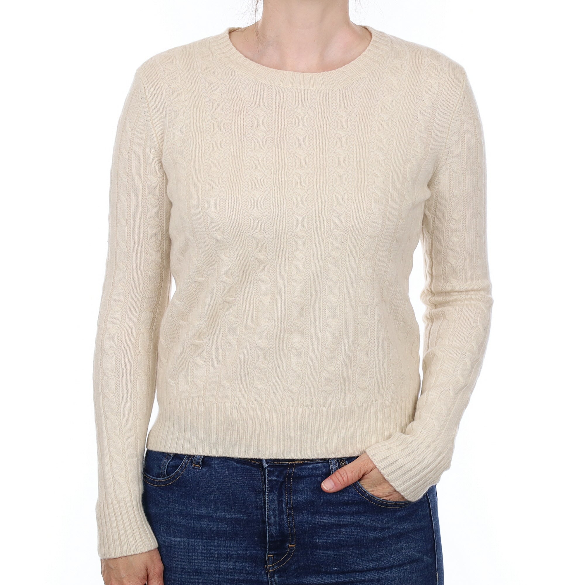 Ivory Cable Cashmere Crew Neck Jumper Small