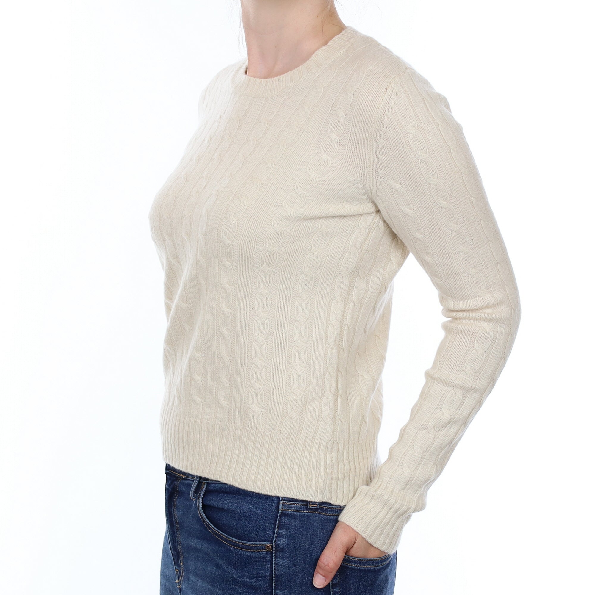Ivory Cable Cashmere Crew Neck Jumper Small
