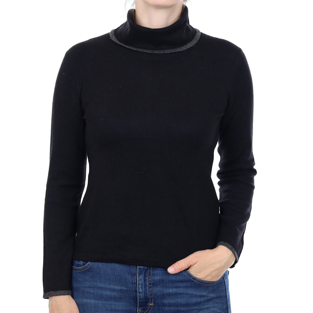 Black Charcoal Trim Cashmere Polo Neck Jumper Small