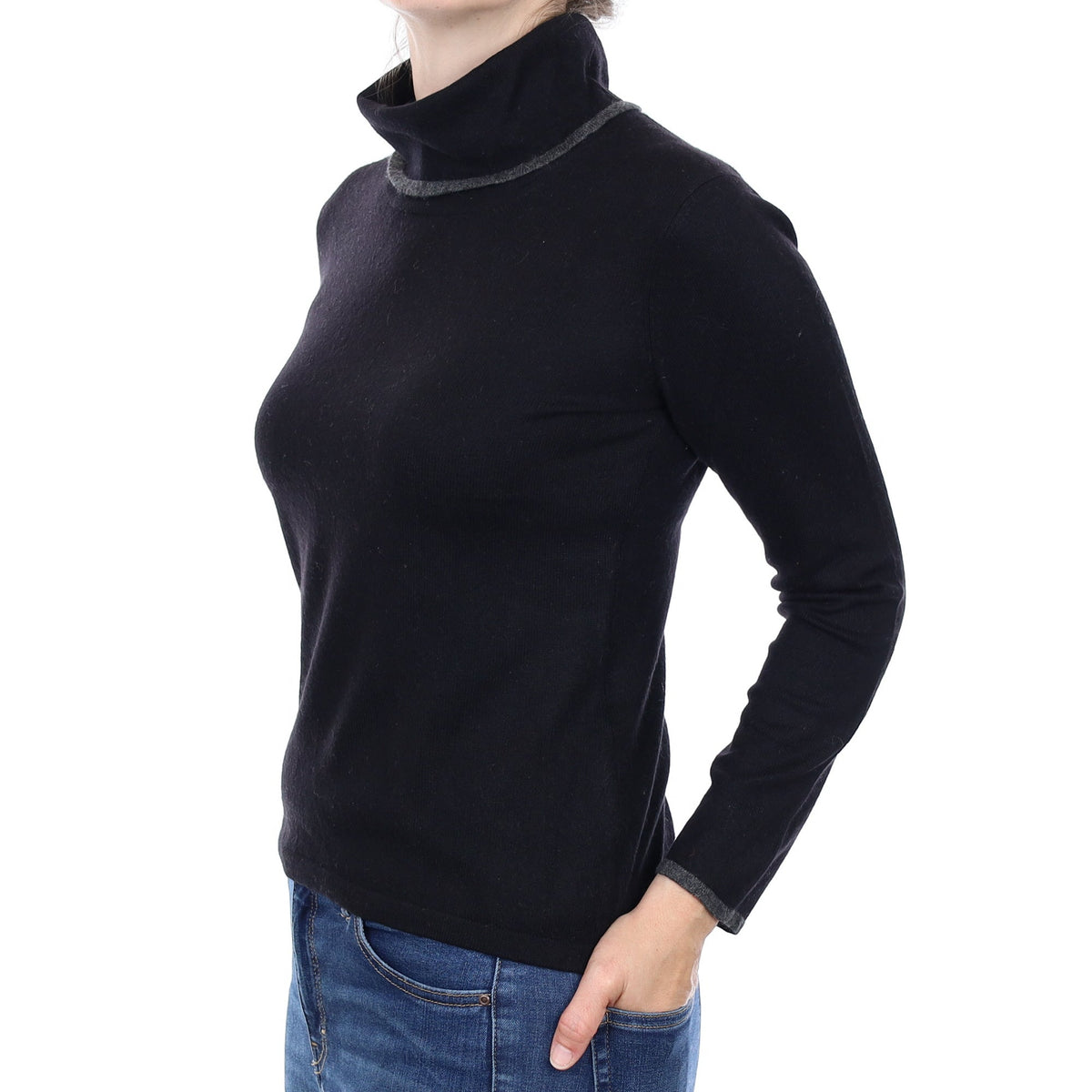 Black Charcoal Trim Cashmere Polo Neck Jumper Small
