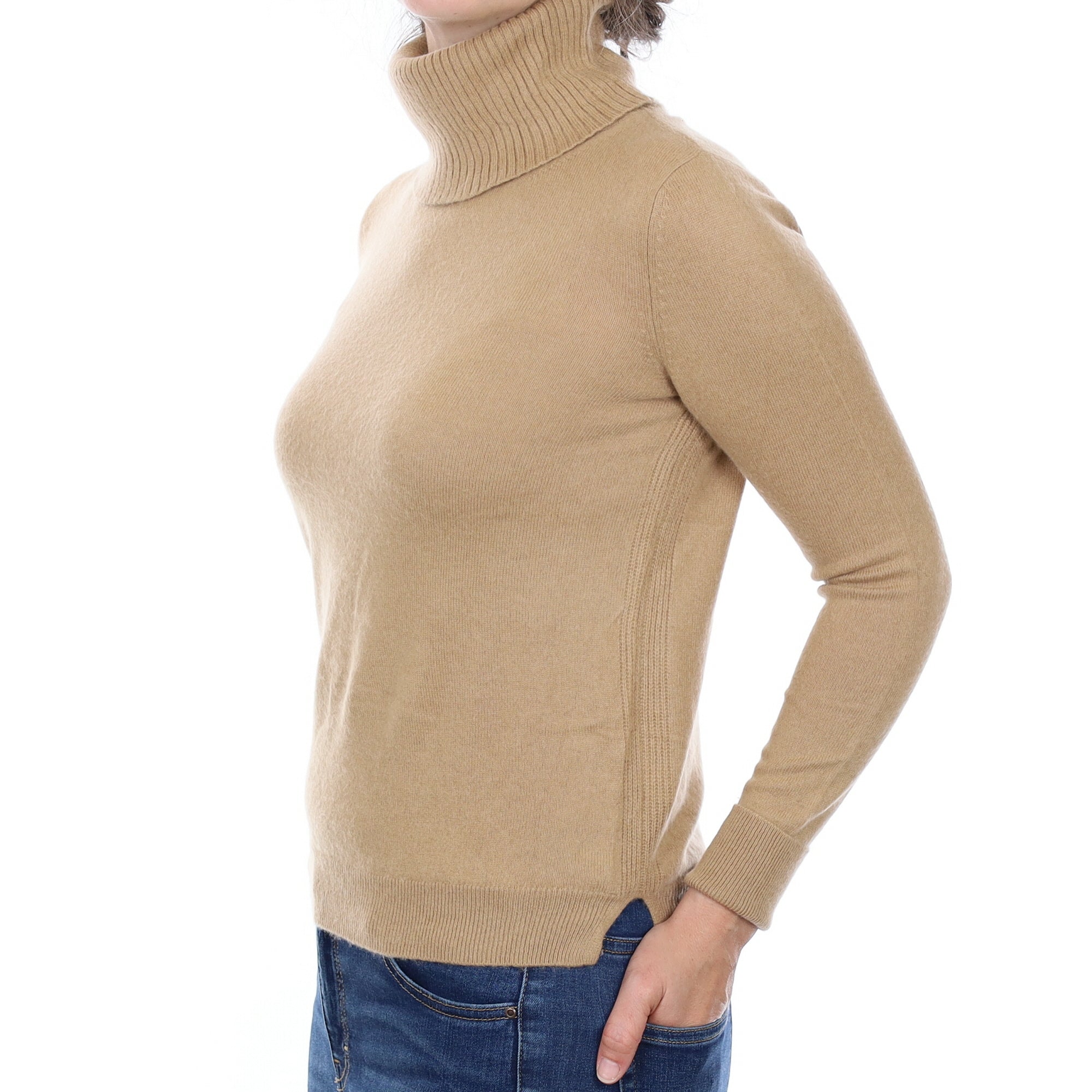 Camel Brown Cashmere Polo Neck Jumper Small