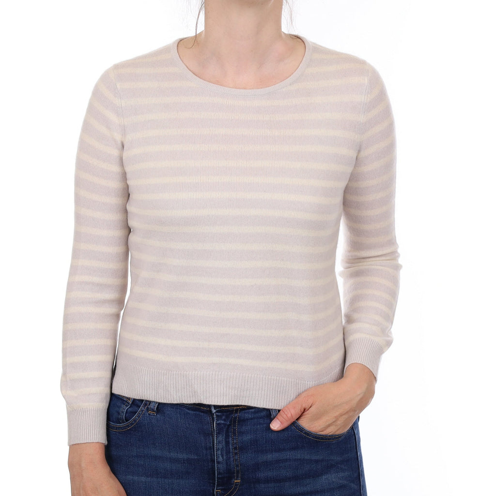Dove Grey and Ivory Stripe Cashmere Crew Neck Jumper Small