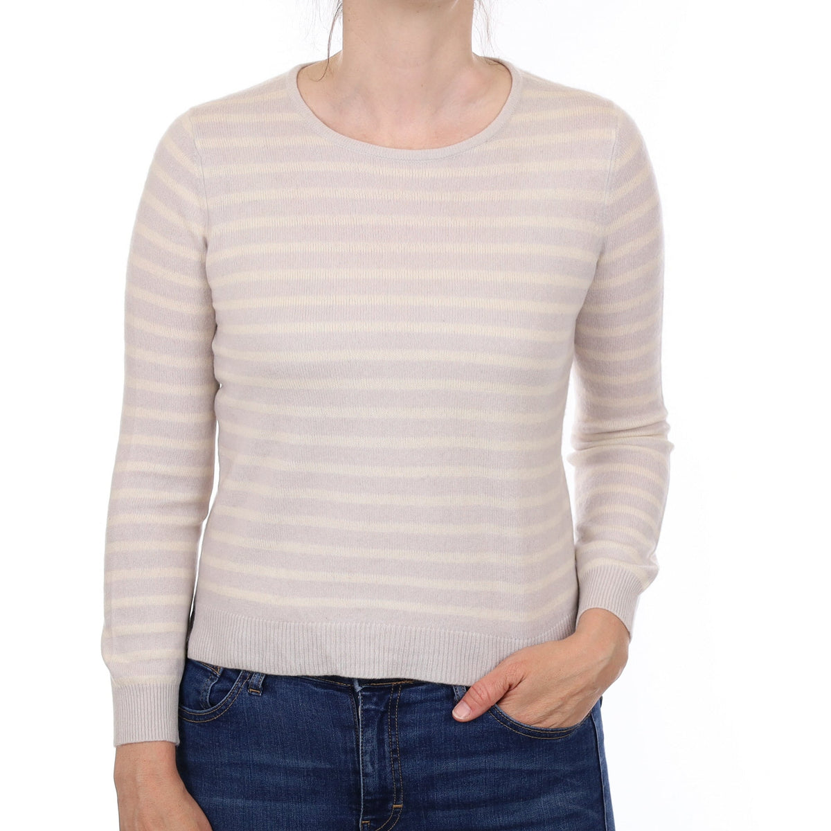Dove Grey and Ivory Stripe Cashmere Crew Neck Jumper Small