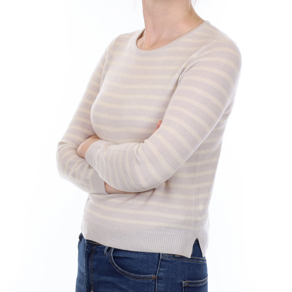 Dove Grey and Ivory Stripe Cashmere Crew Neck Jumper Small