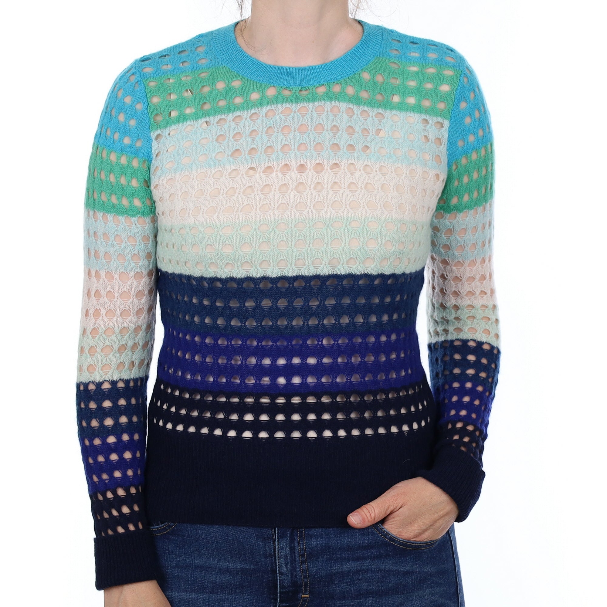 Blue and Green Lace Knit Cashmere Crew Neck Jumper Small