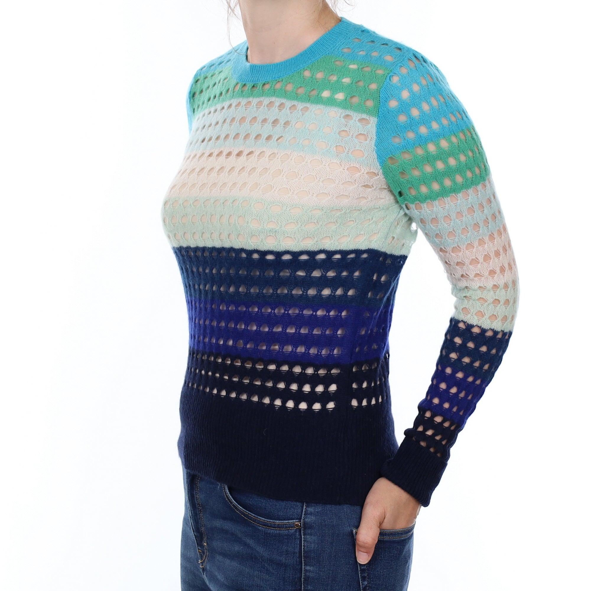 Blue and Green Lace Knit Cashmere Crew Neck Jumper Small