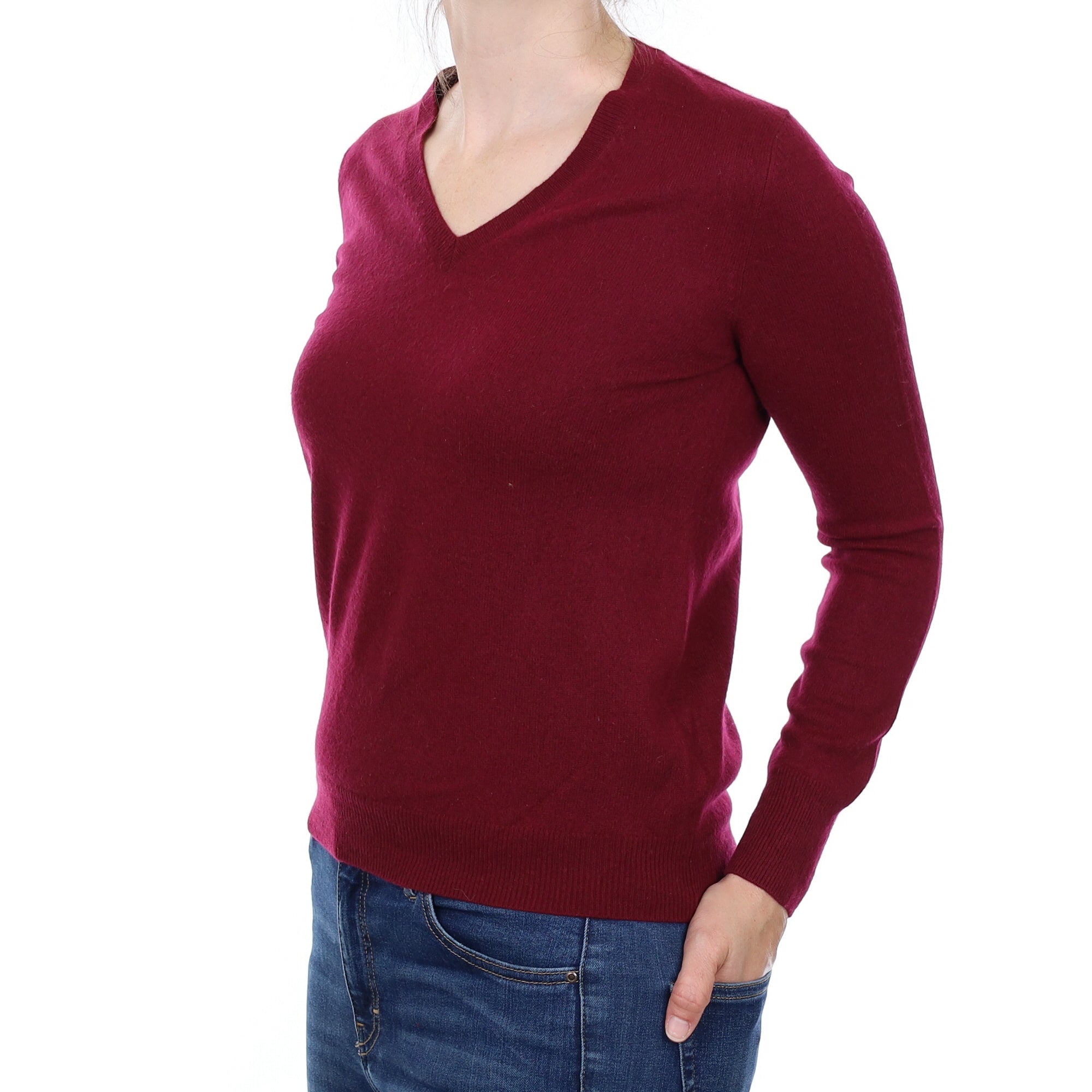 Wine Red Cashmere V Neck Jumper Small