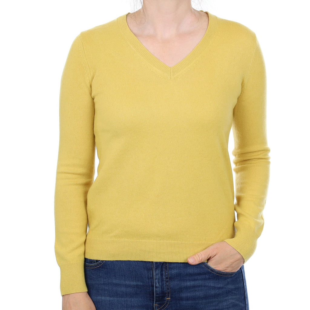 Flaxen Yellow Cashmere V Neck Jumper Small
