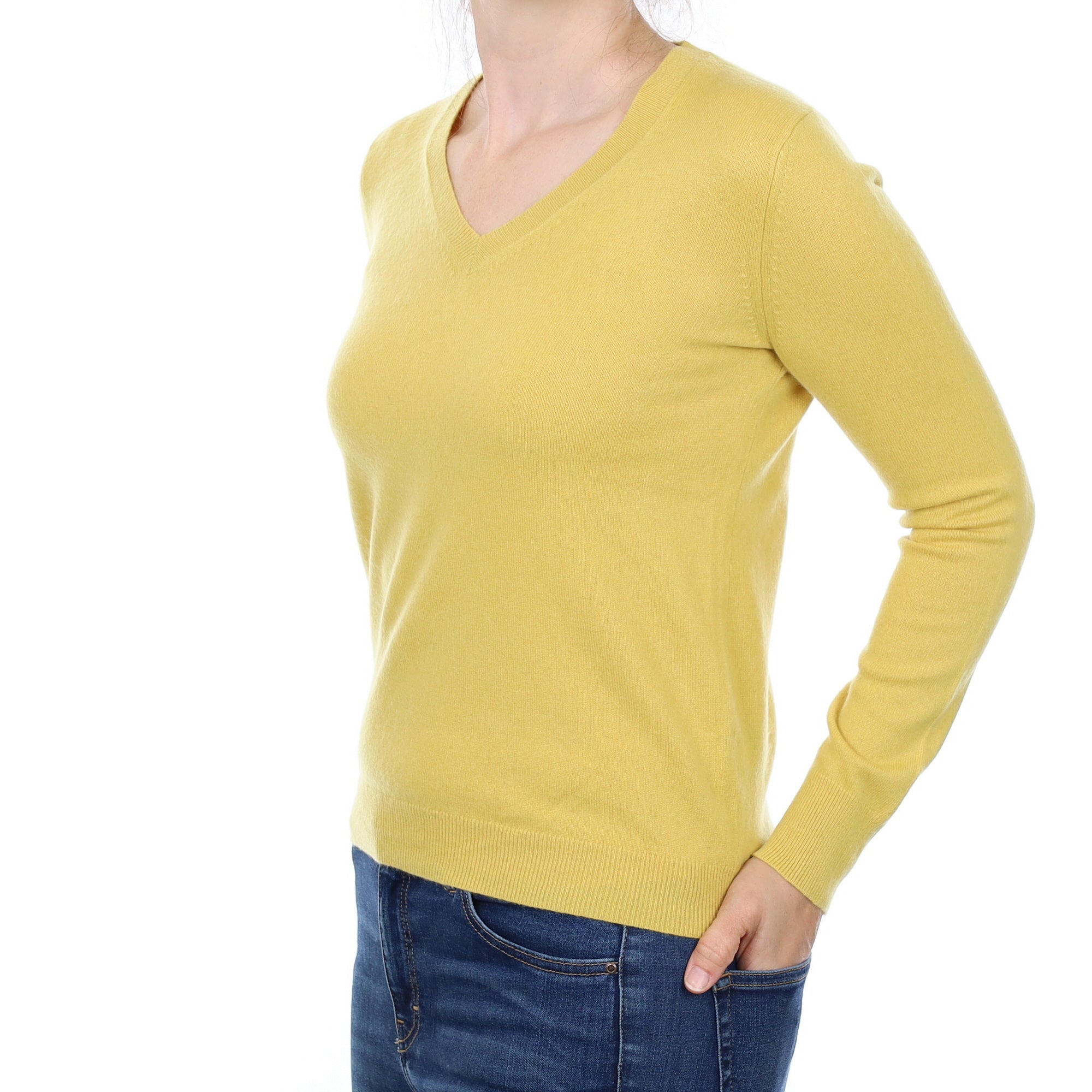 Flaxen Yellow Cashmere V Neck Jumper Small