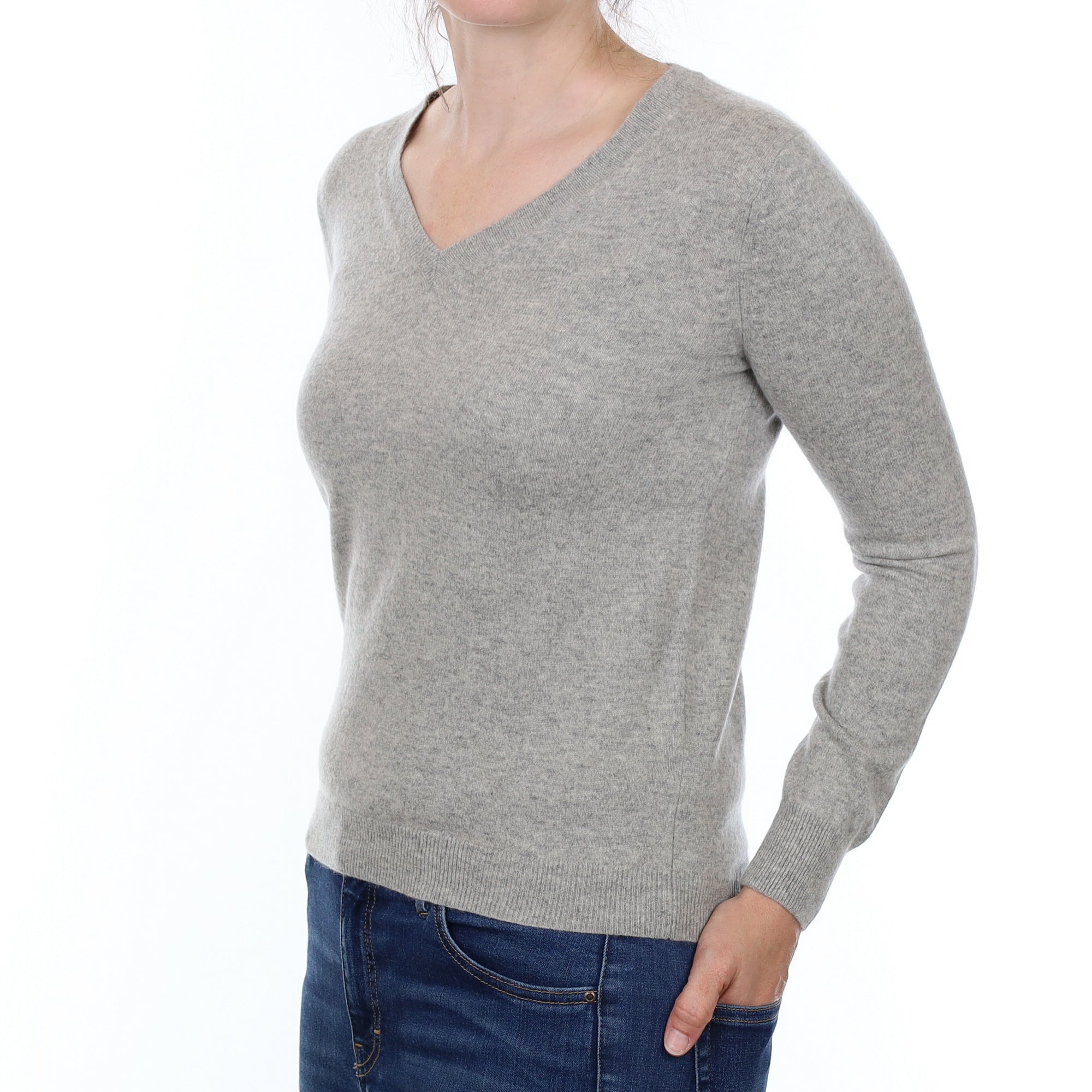 Mist Grey Cashmere V Neck Jumper Small