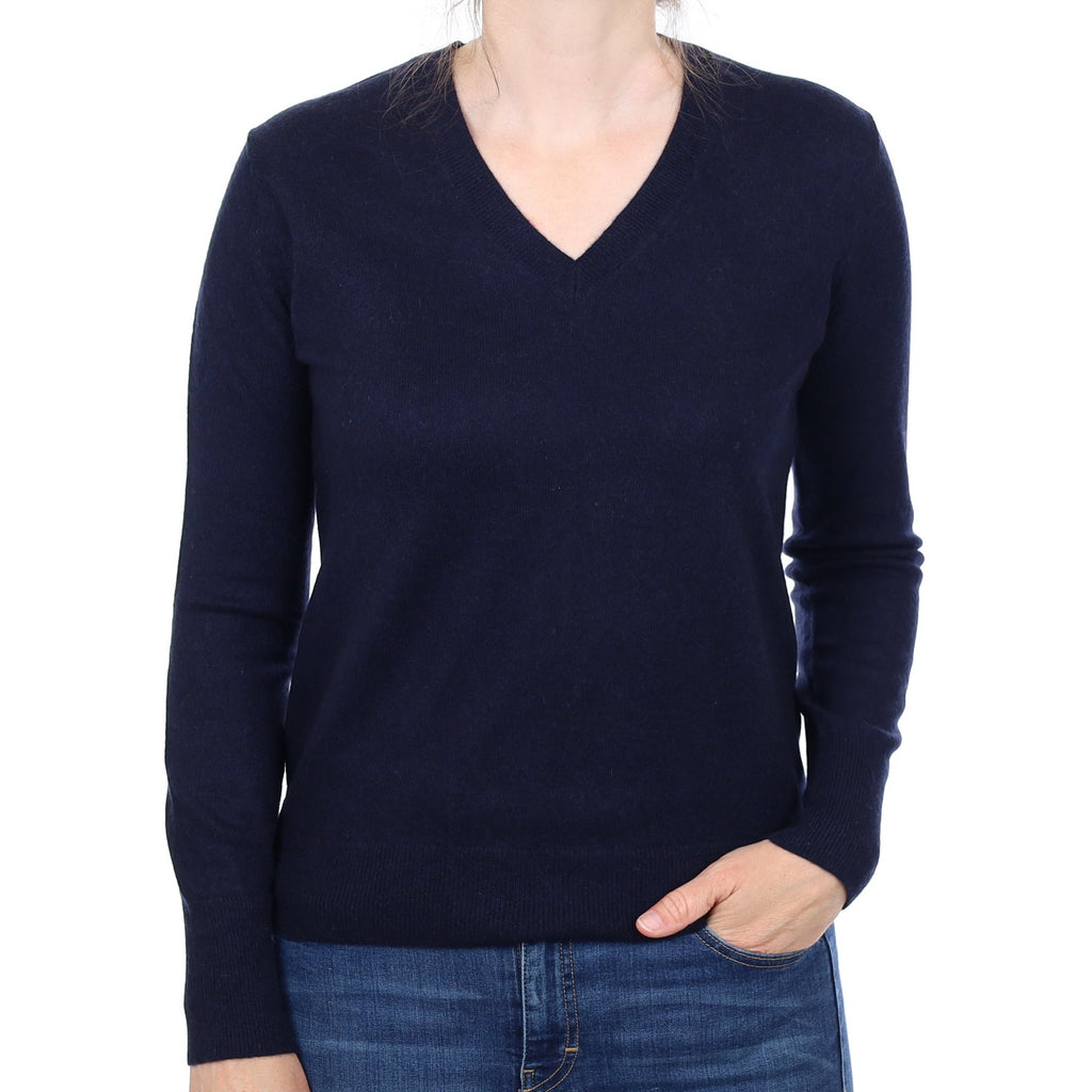 Navy Blue Cashmere V Neck Jumper Small