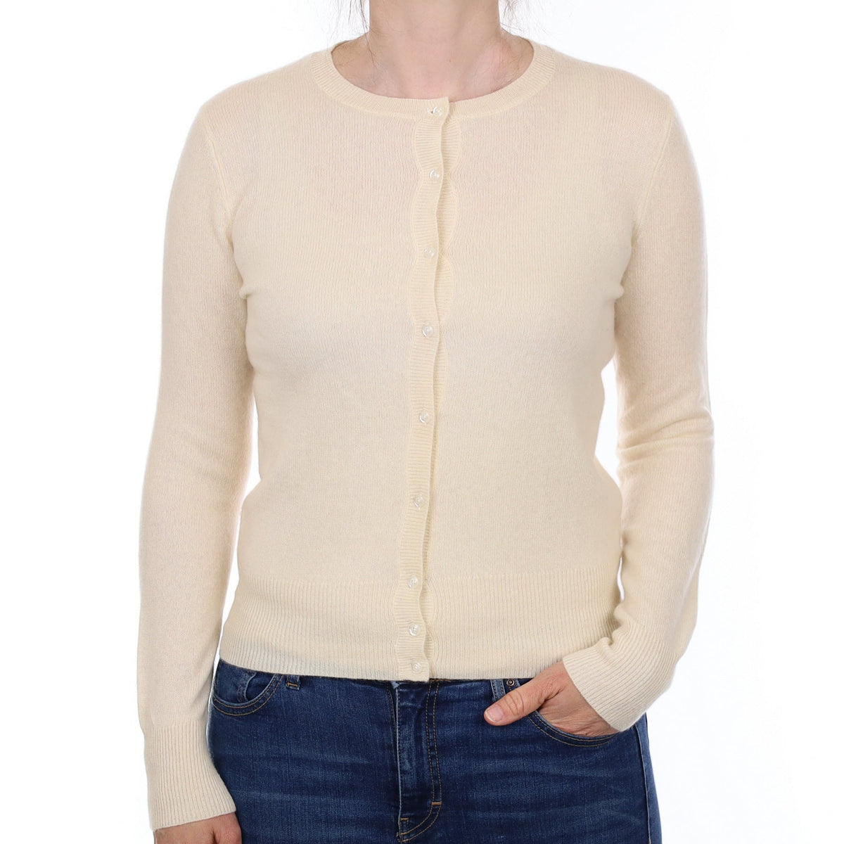 Warm White Cashmere Crew Neck Cardigan Small