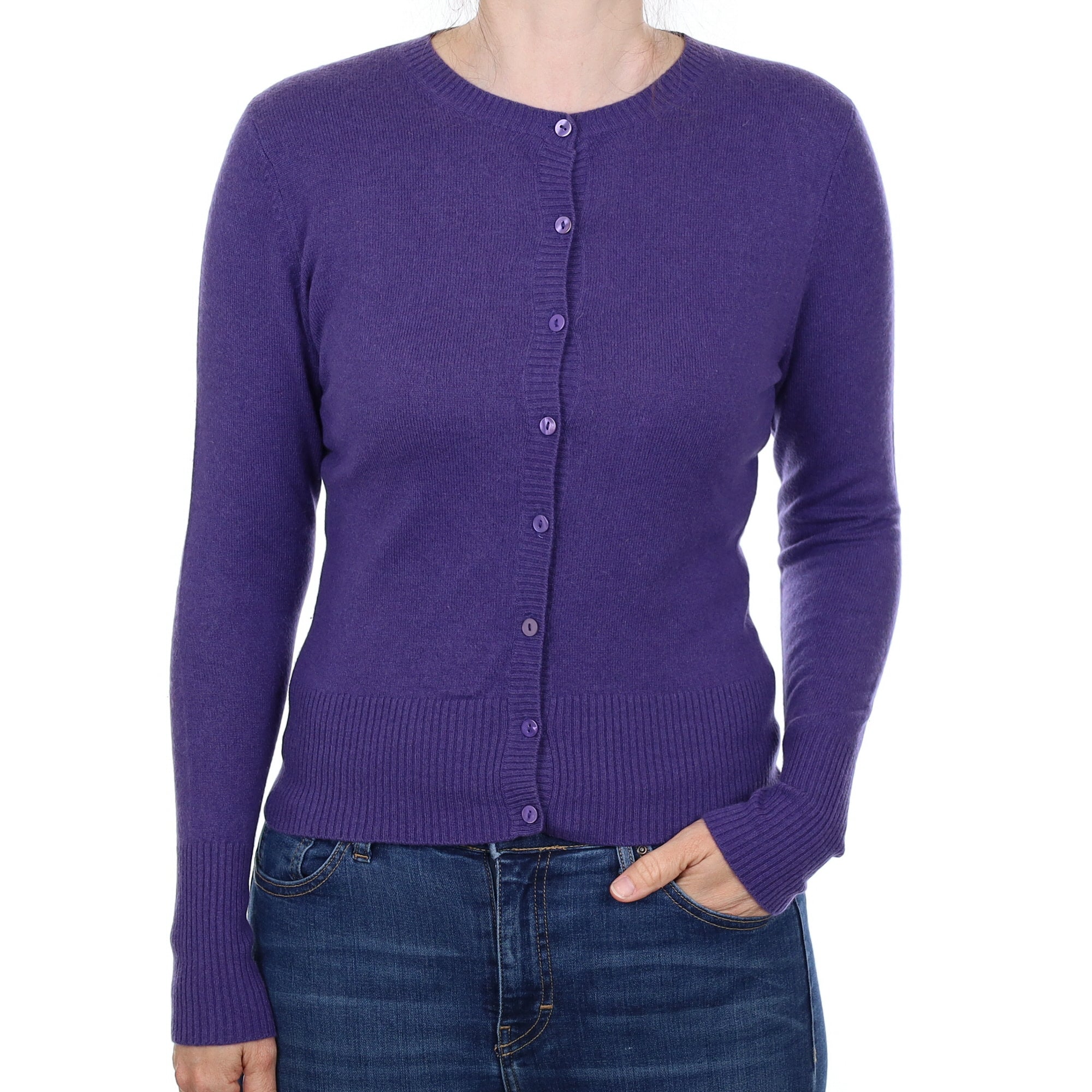 Amethyst Purple Cashmere Crew Neck Cardigan Small