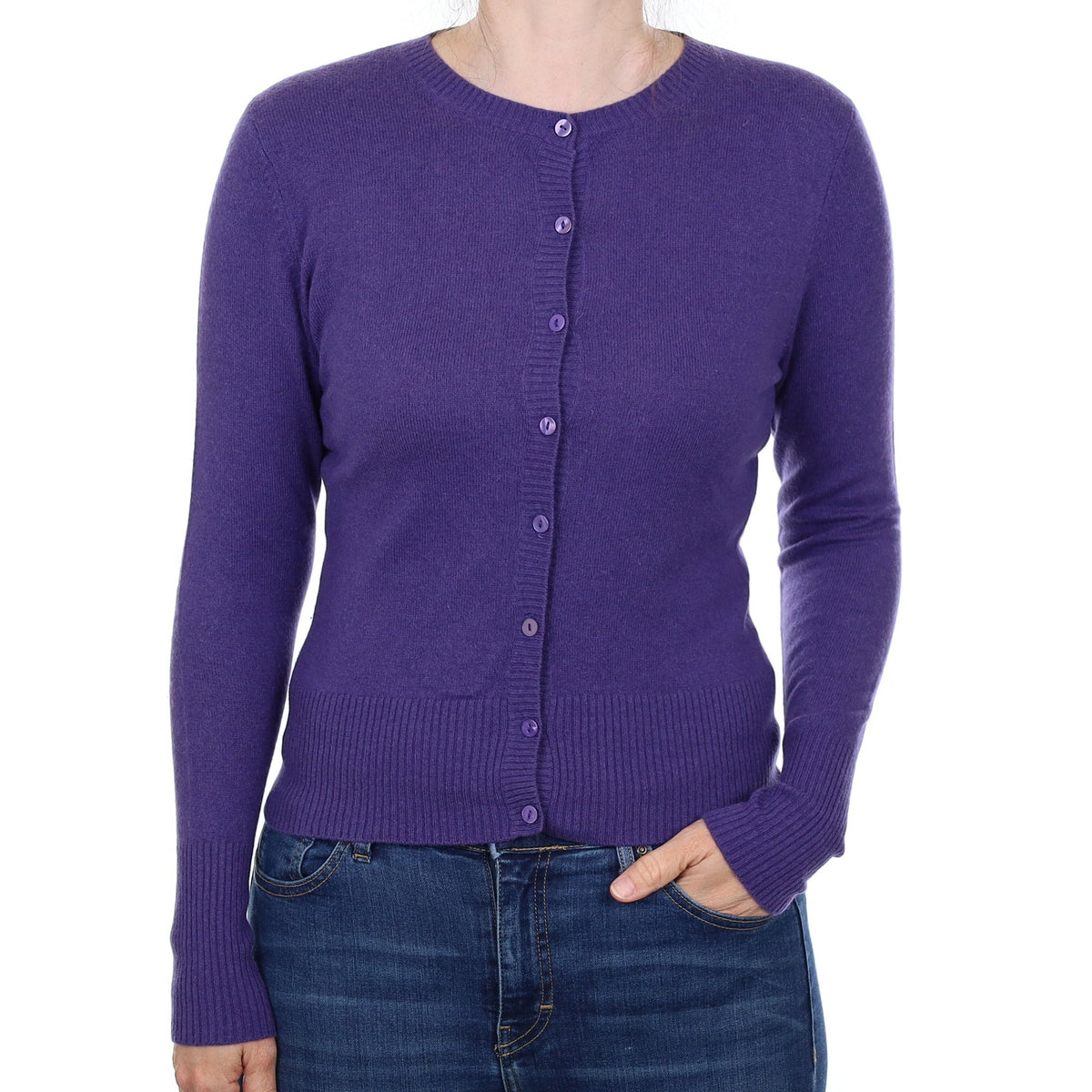 Amethyst Purple Cashmere Crew Neck Cardigan Small