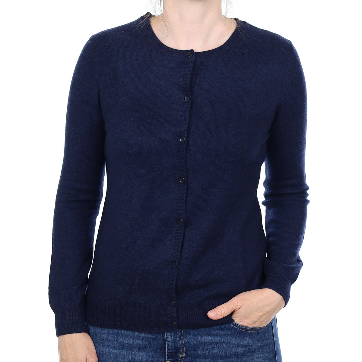 Navy Blue Cashmere Crew Neck Cardigan Small